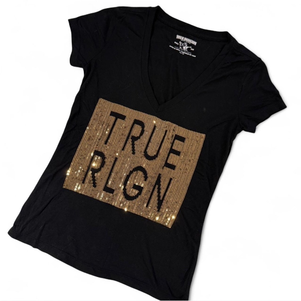 True Religion Black V-Neck Sequin T-Shirt